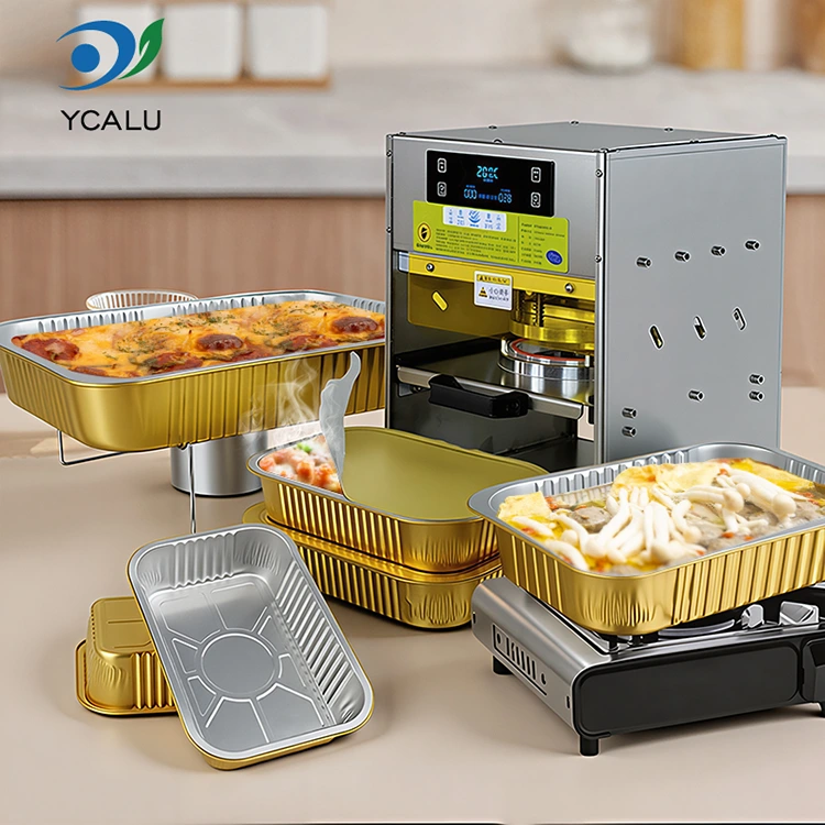 Automatic Heat Sealing Machine with Gold Aluminum Foil Containers